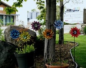 Bright and colorful fused  glass flowers for your garden. Happy flowers that will never fade - BentGlassArtStudio
