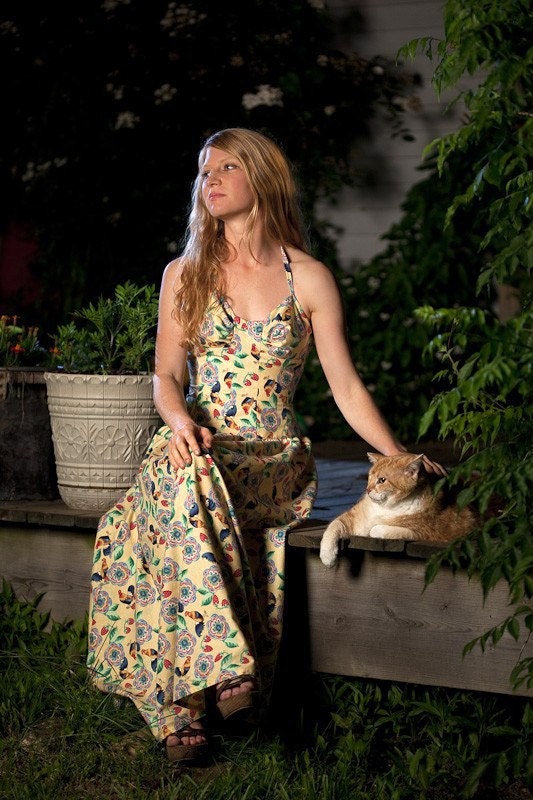 OOAK 70s 80s Country SUNDRESS  S Rooster Print Cotton