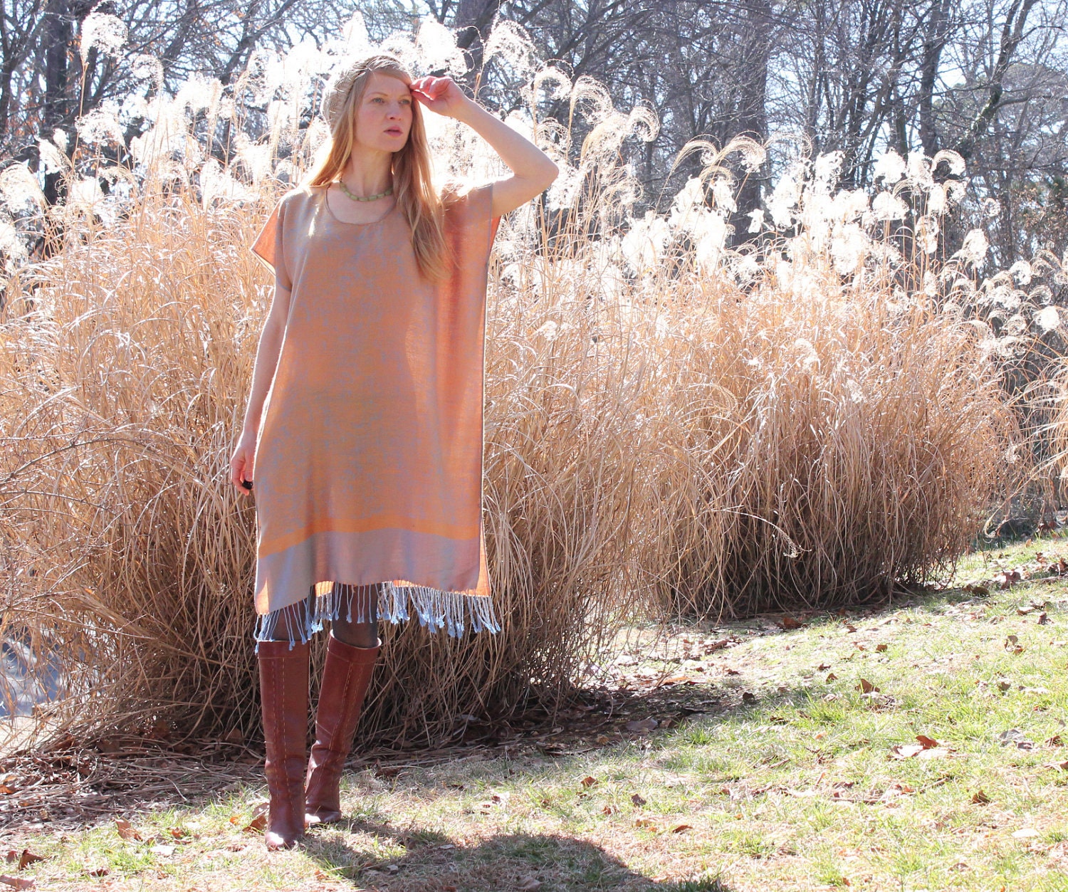 Soft Silk & Cashmere Boho Gypsy Kaftan Dress with Fringe Golden Natural One Size Fits All