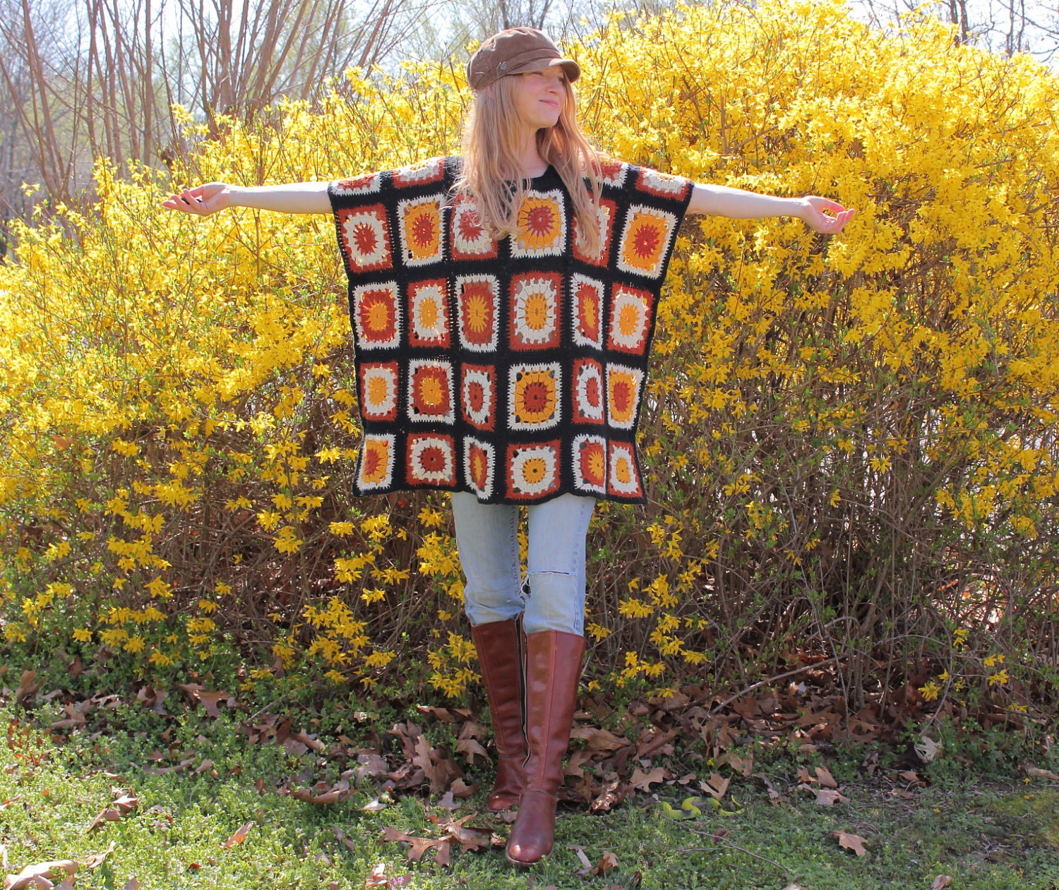 Crocheted Hippie Poncho with Granny Squares in Earth Tones Eco Upcycled Vintage Accessory