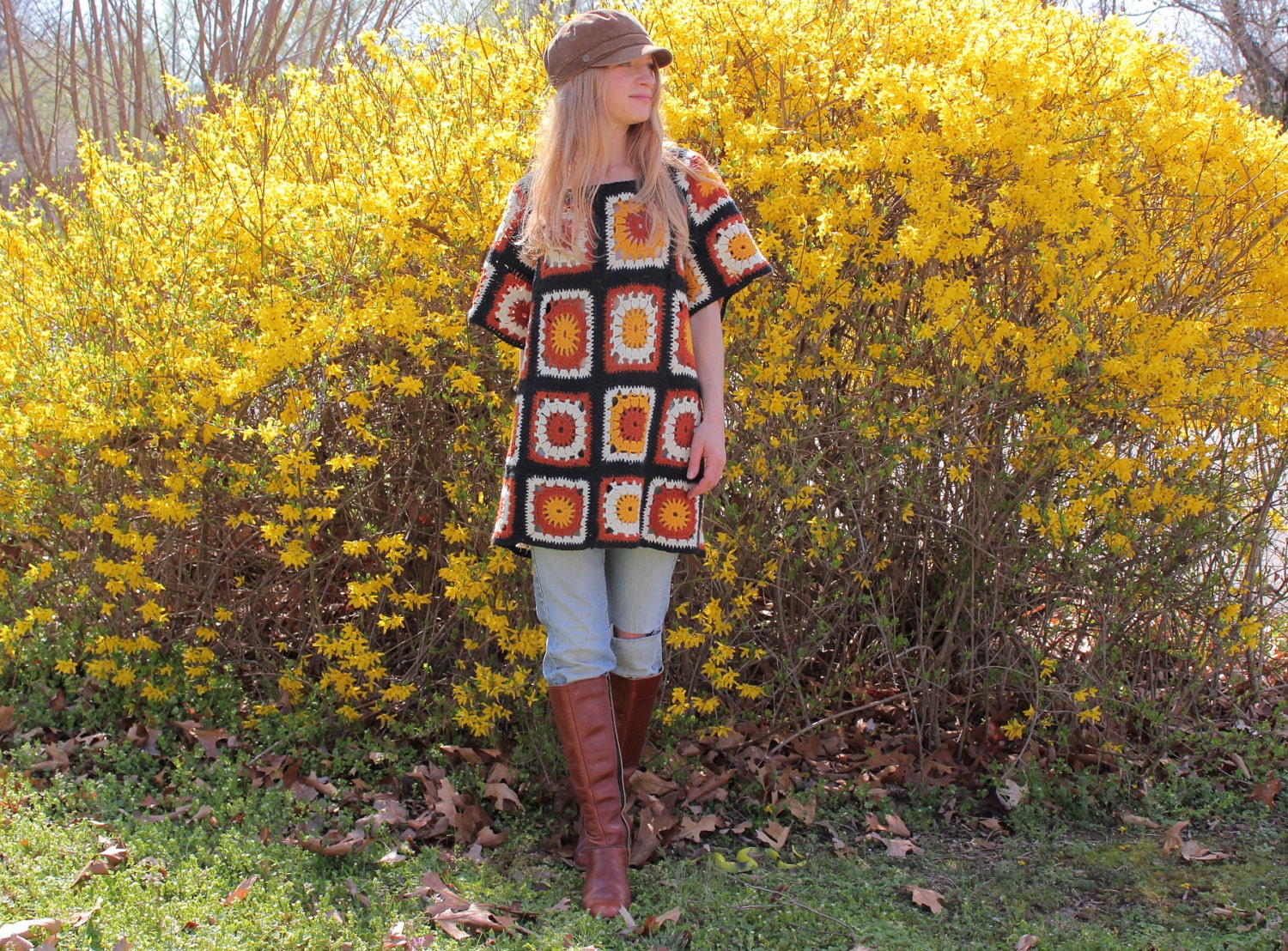 Crocheted Hippie Poncho with Granny Squares in Earth Tones Eco Upcycled Vintage Accessory