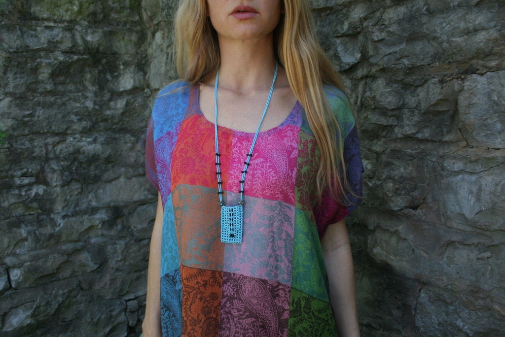 Silk & Cashmere Gypsy PATCHWORK Kaftan Dress with Fringe Boho Style One Size