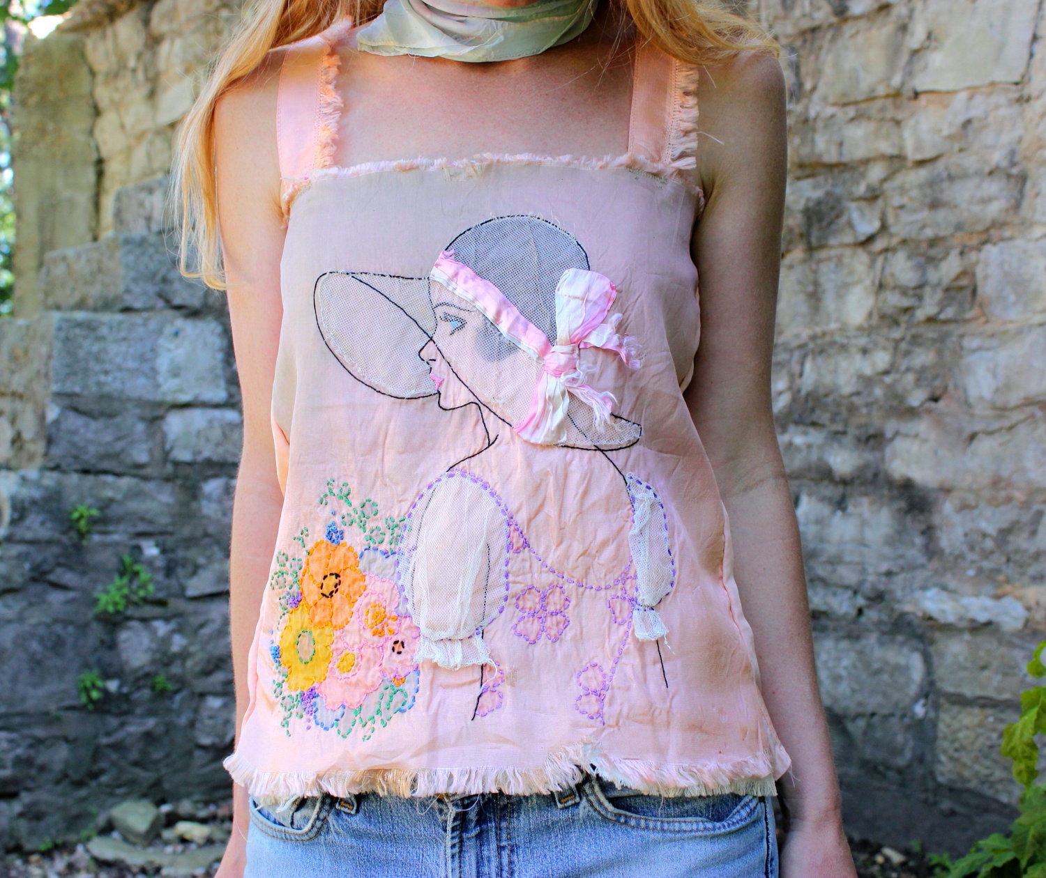 Unique Upcycled Vintage Silk Tank Top . Textured Embroidery Shabby Chic Frayed . Small Medium