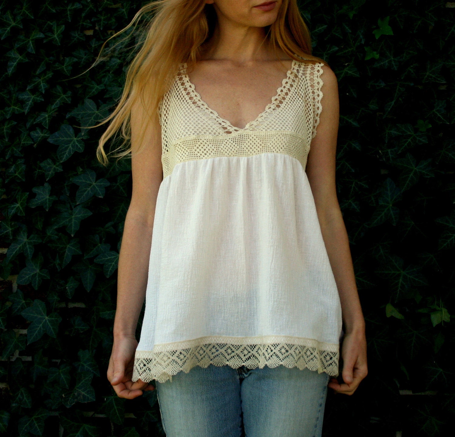 Vintage Victorian Camisole Tank Top in Cream & White Lace- UPCYLED - OOAK S M L