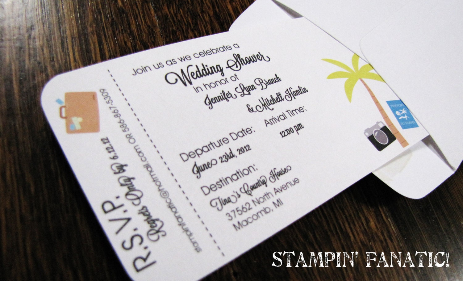 Set of 12: Travel Inspired Wedding/Bridal Shower Invitations, personalized, custom, travel, palm tree, suitcase, boarding pass Il_170x135
