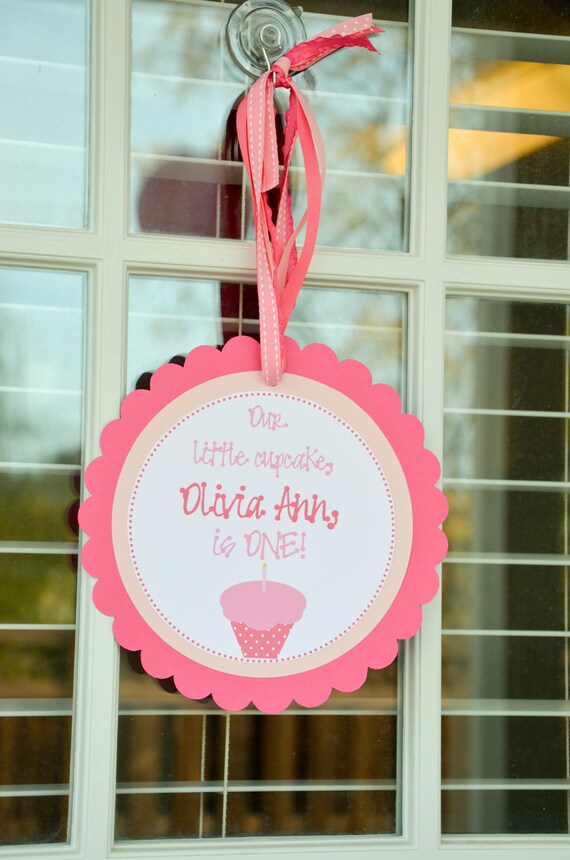 Cupcakes & Polka Dots Collection: Scallop Circle Door Sign, Customized, w/coordinating ribbon and ready to hang Il_570xn