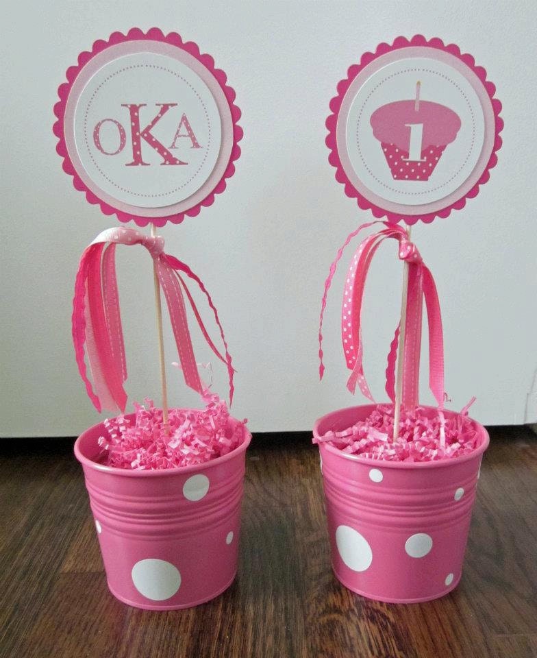Cupcakes & Polka Dots Collection: Set of 2 centerpiece flags, customized with monogram and age as well as coordinating ribbons Il_570xn