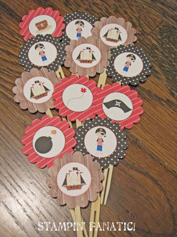 READY TO SHIP: Set of 12 Pirate Boy Collection Cupcake Toppers. Pirate Ship, Skull, Pirates, Treasure Chest, Bomb. Il_570xn