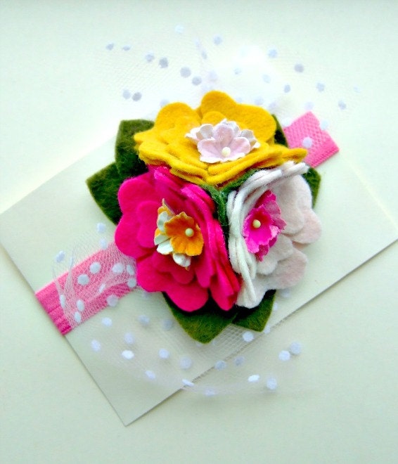 Bright Felt Flowers Headband with vintage millinery flowers, wool felt
