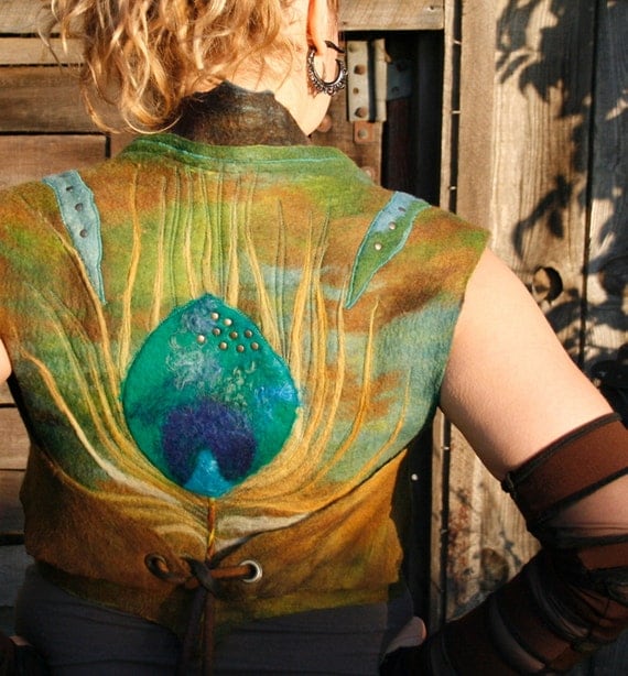 Nuno - felted wool vest - peacock feather - elven clothing - merino wool - MADE TO ORDER