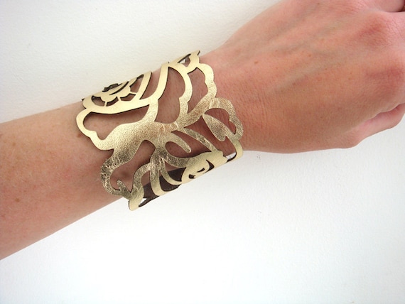 Leather cuff bracelet - laser cut rose in metallic gold