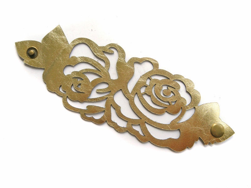 Leather cuff bracelet - laser cut rose in metallic gold