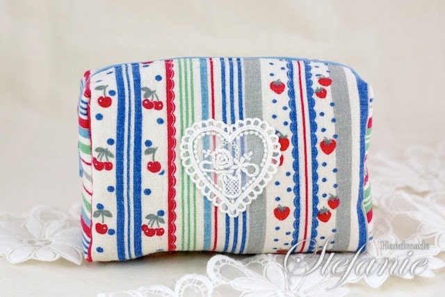 Sweet Collection, Boxy Zippered Pouch, Purse, Cosmetic Bag -  Cherry and Strawberry Patchwork, Heart Lace