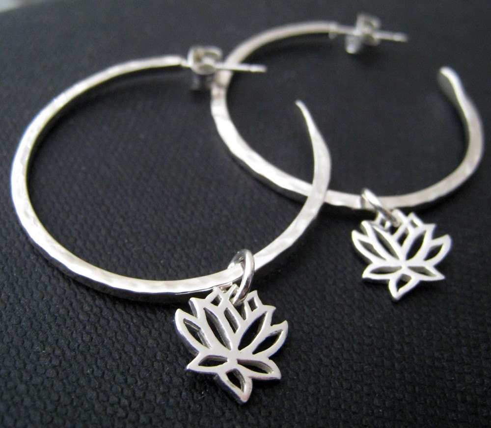 Lotus hoop earrings, sterling silver hammered hoop with lotus charm,  yoga jewelry