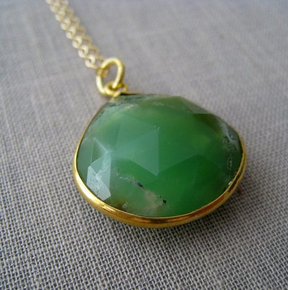 Chrysoprase bezel pendant necklace-gold bezel gemstone pendant, Moss green turquoise color,  18''long, limited edition
