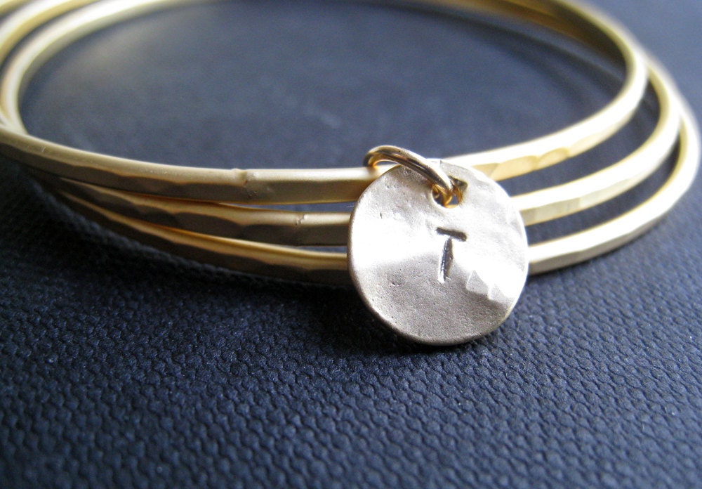 custom initial gold bangles, set of 3 personalized bridal jewelry, letter disc charm, bridesmaid gifts