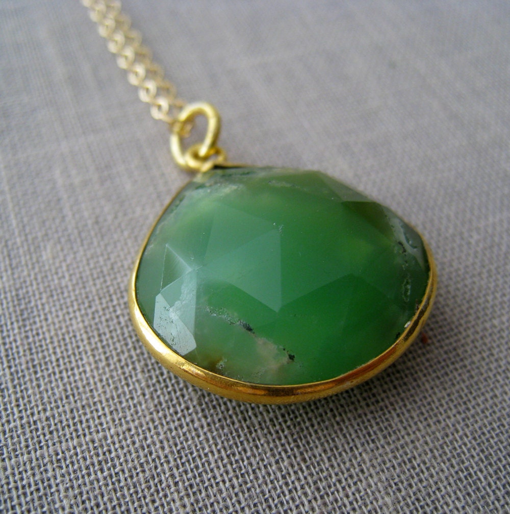 Chrysoprase bezel pendant necklace-gold bezel gemstone pendant, Moss green turquoise color,  18''long, limited edition