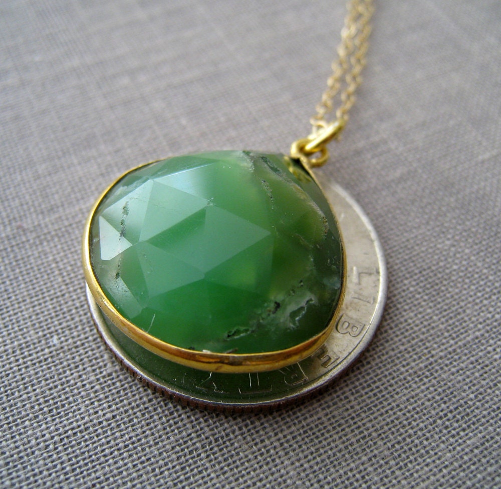 Chrysoprase bezel pendant necklace-gold bezel gemstone pendant, Moss green turquoise color,  18''long, limited edition