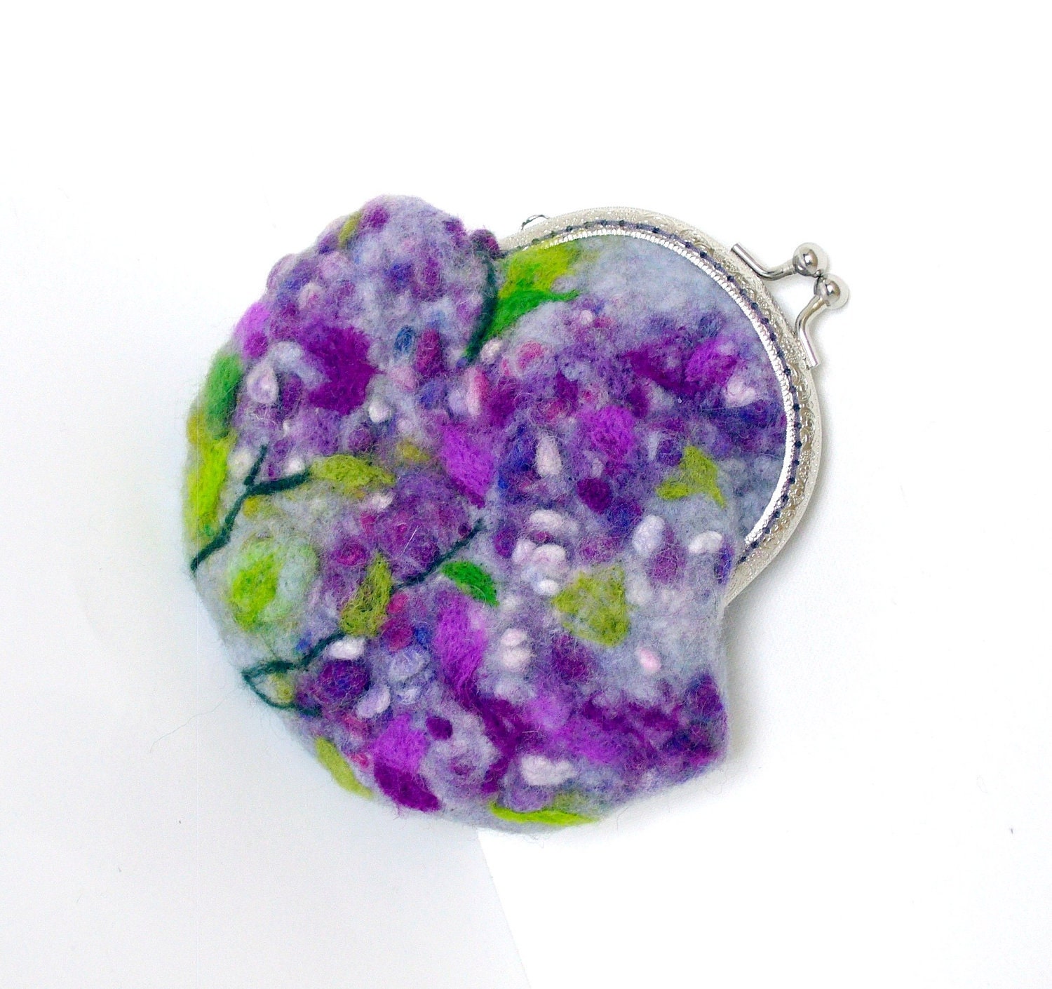 Wet Felted FLOWER Lilac Bushes coin purse Ready to Ship with bag frame metal closure Handmade  gift for her under 50 USD