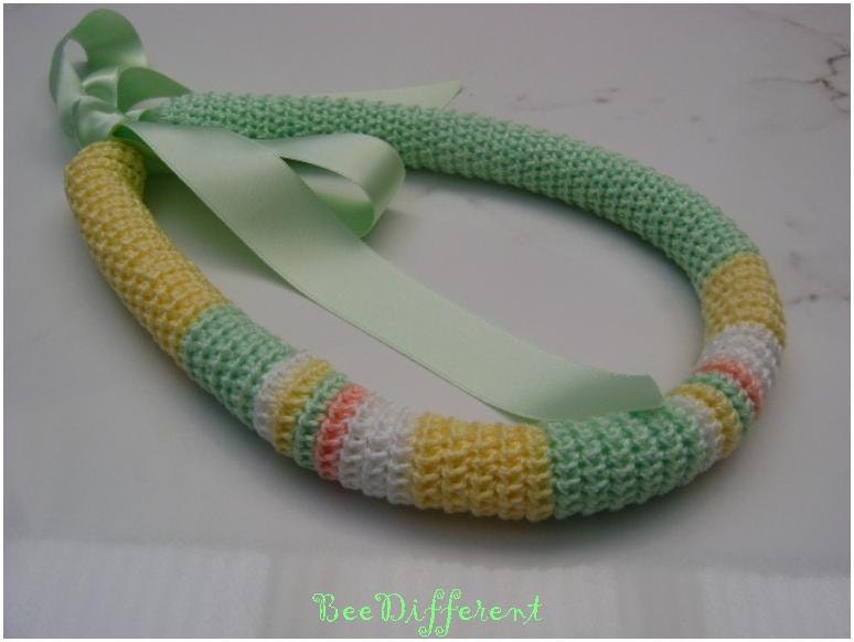 Spring Crochet Tube Necklace Satin Ribbon soft yellow & mint unique