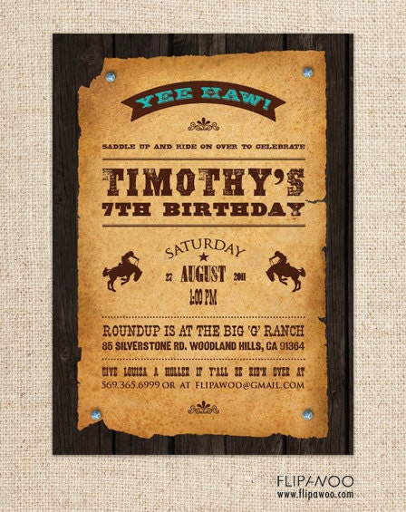 Western Cowboy or Cowgirl Invitation for a Birthday Party by FLIPAWOO  - Customized Printable File