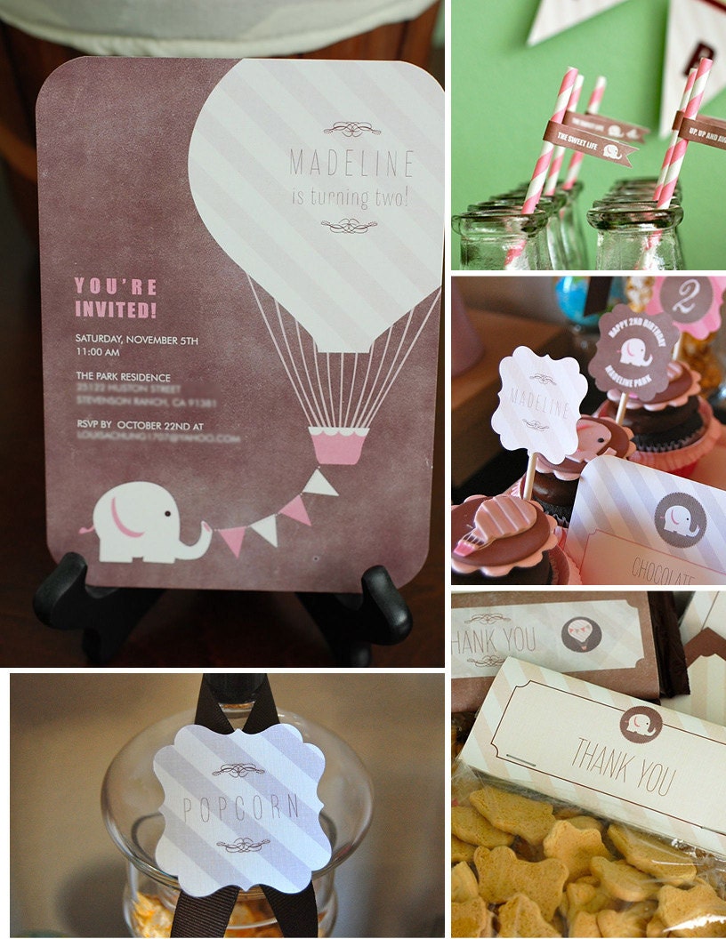 Elephant with Hot Air Balloon Birthday Party Premium Set by FLIPAWOO - Customized Printable Files