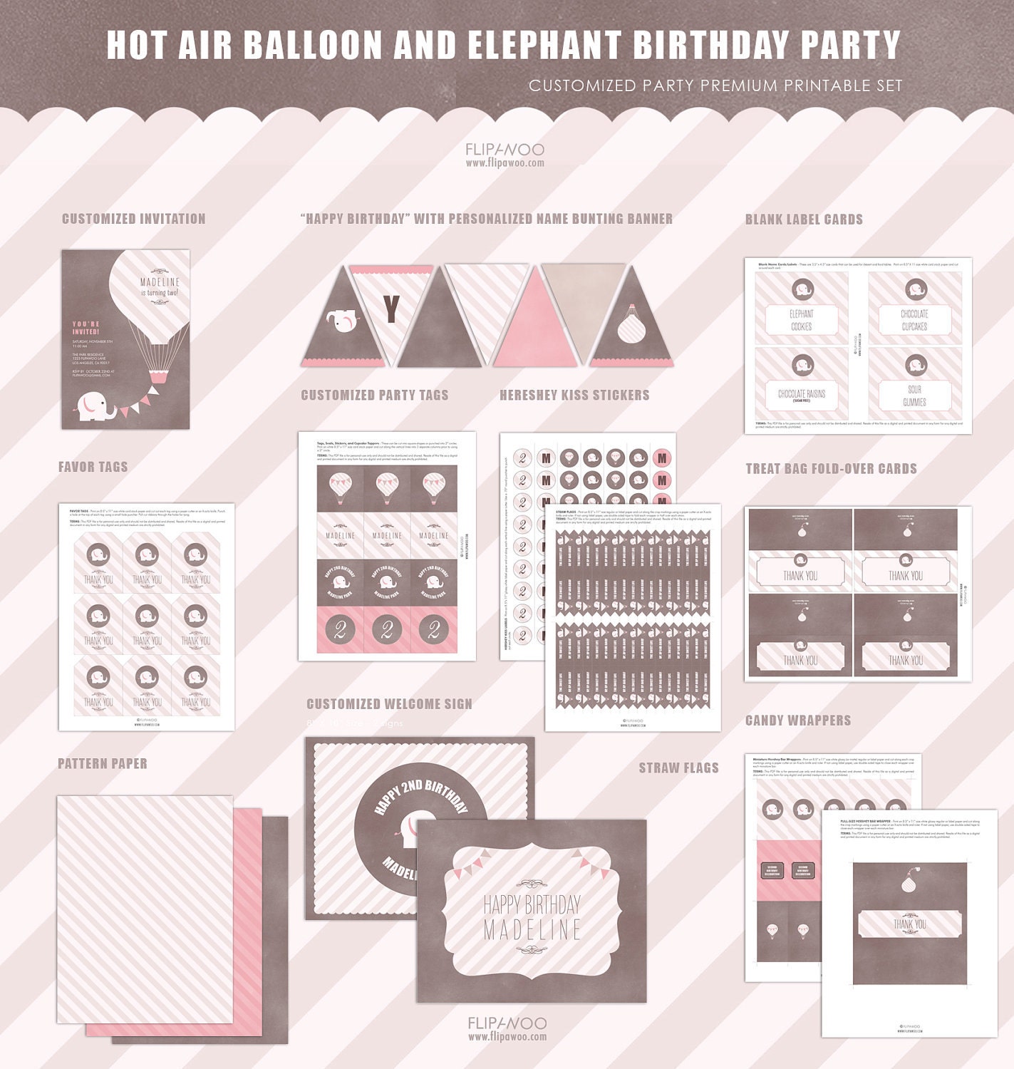 Elephant with Hot Air Balloon Birthday Party Premium Set by FLIPAWOO - Customized Printable Files