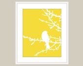 Spring Bird on Tree Digital Print Yellow  Lemon Zest Wall Art Home Decor Modern Woodland Branches - Bird on Twig