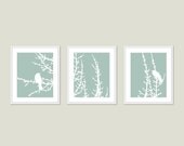 Birds and Branches Digital Print Set - Green Seafoam Pastel - Rustic Modern Woodland Home Decor