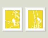 Spring Birds and Branches - Wall Art Print Set - Yellow Lemon Zest - Modern - Woodland -  Spring Summer Home Bird on Twig Decor