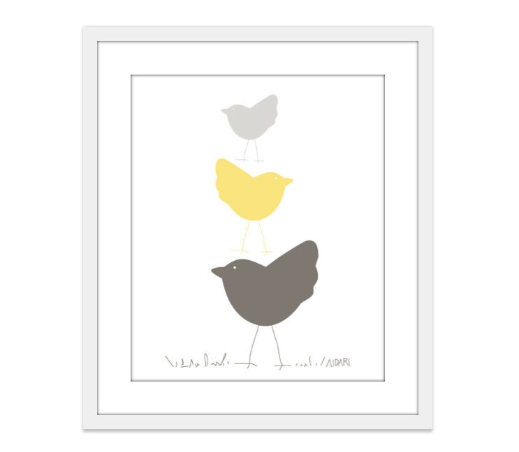 Birds Nursery Art Print Baby Art, Children's Art, Yellow and Grey Taupe - Yellow Melow - Pastel