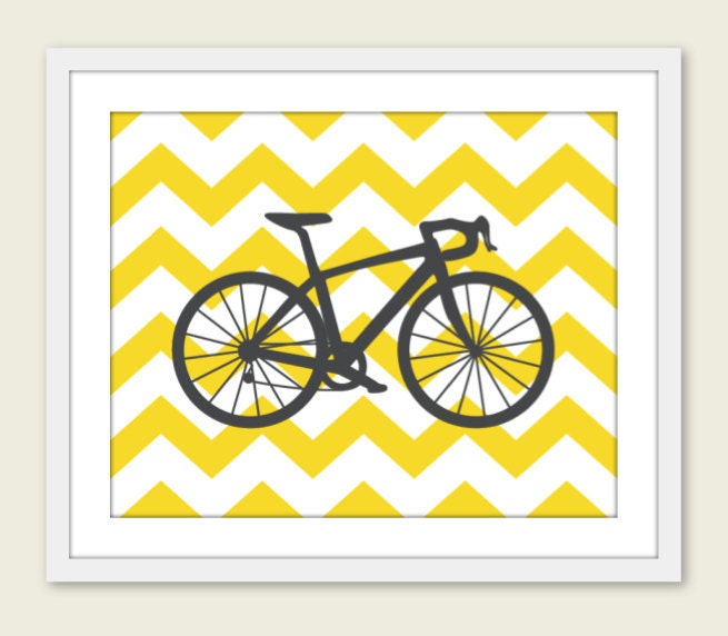Bike Chevron Nursery Wall Art Print Modern Home Decor Bicycle Yellow Citrine Grey