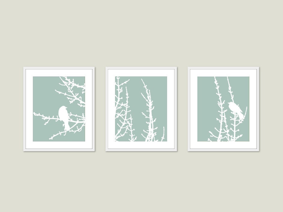 Birds and Branches Digital Print Set - Green Seafoam Pastel - Rustic Modern Woodland Home Decor
