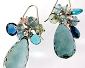 LP 671 Beautiful, Bluish Green Amethyst Briolettes, Aquamarine And Natural Blue Topaz Gemstone Earrings