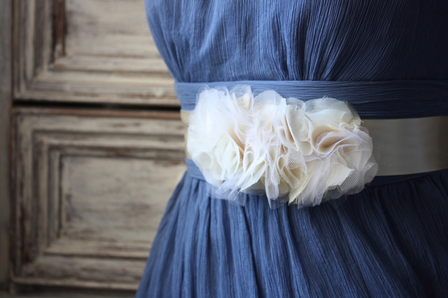 Organza, Chiffon and Tulle Ruffled Belt in Ivory and Ivory Brown (Style No. 21) Bridesmaid Sash