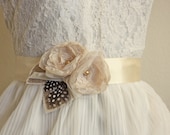 Caramel Brown Organza Flower Belt with Burlap and Polka Dot Guinea Feathers (Style No. 22) Bridesmaid Sash