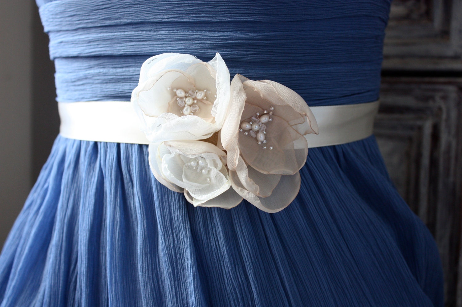 Organza Rose Belt Trio in Champagne, Ivory Brown and Ivory with Crystal Detail (Style No. 23) Bridal Sash