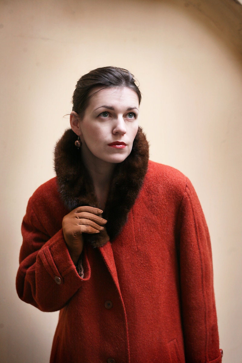 Brick Orange Wool coat Mink collar 1960ies