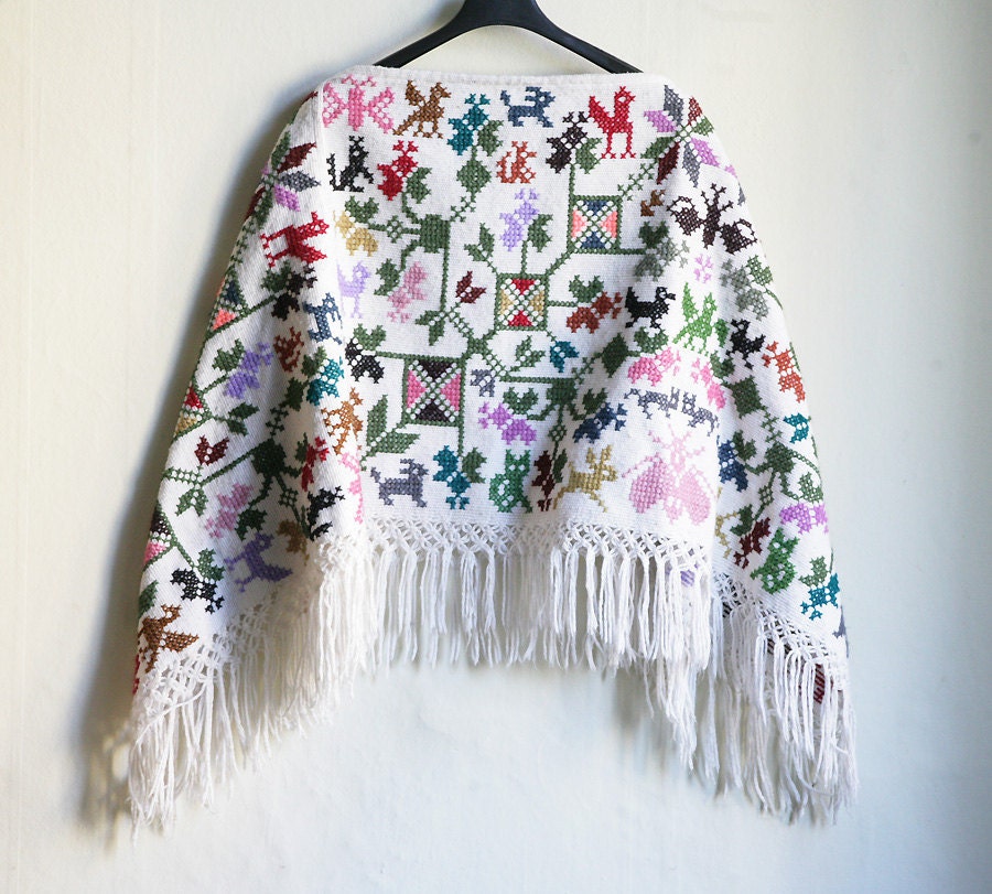 White Poncho in colorful Crosstitch - Handmade Animal and Flower Folk style ornaments