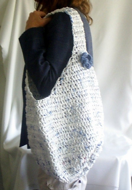 Crocheted plarn tote with flower pin, eco white and blue handmade