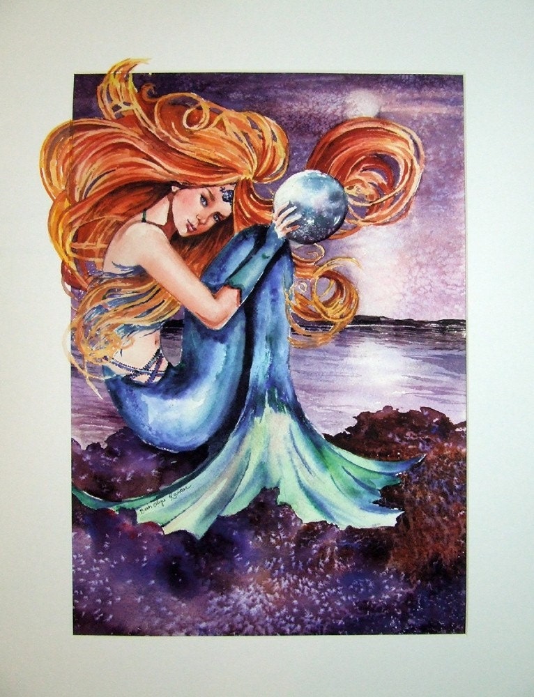 GREAT DEAL NIght Mermaid waterolor print with handpainted details, signed and matted - baylesdesign