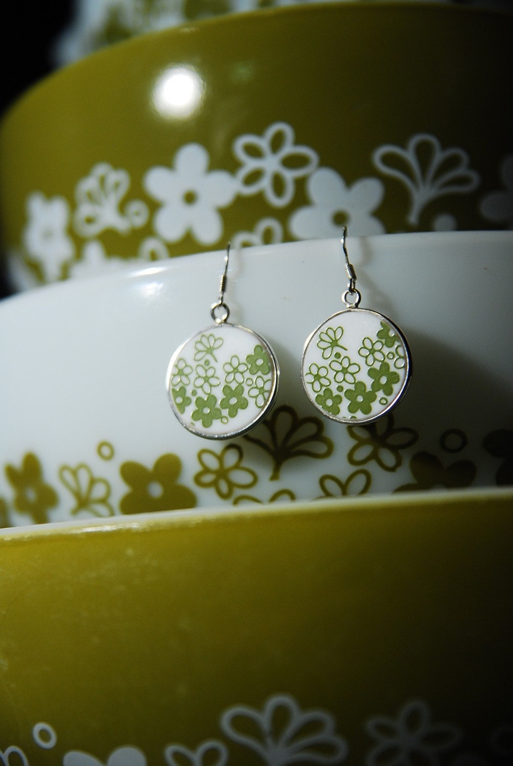 Perfect Gift for any Collector: Pyrex Corelle Green Spring Blossom Round Earrings