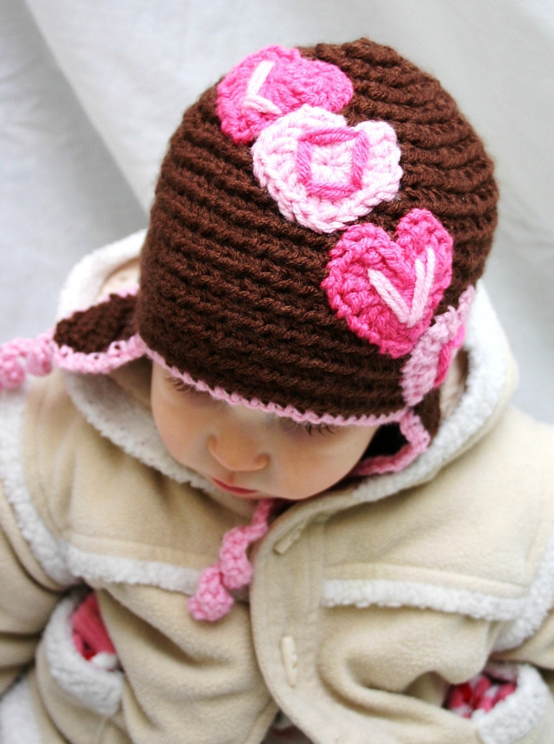 Chocolate and Pink Hearts Say Love....Valentines ...Crochet Hat...Made to order in any size and any color.....NB - Adult...