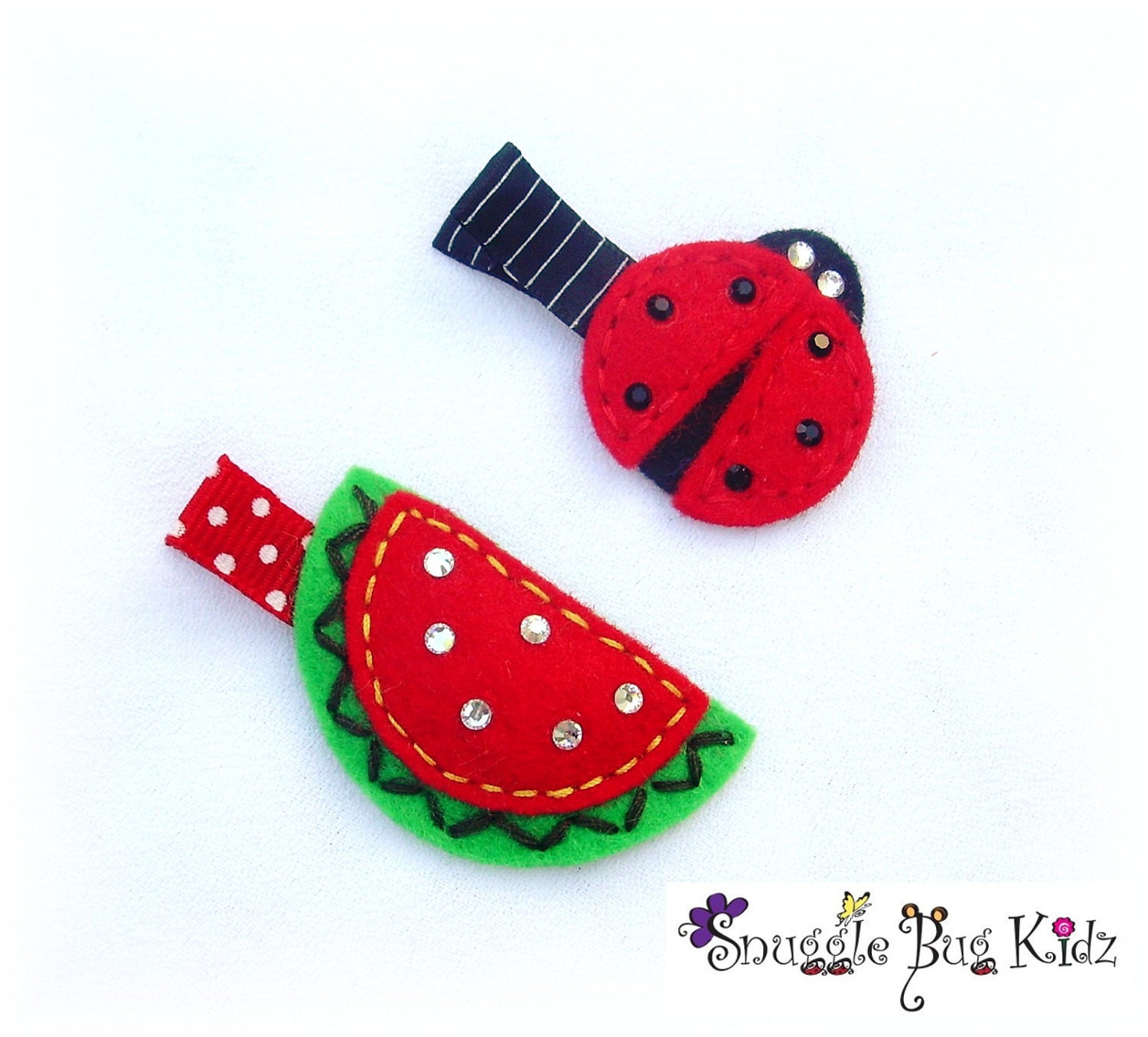 Ladybug and Watermelon felt hair clips - girls hair clip -  no slip grip available - ready to ship