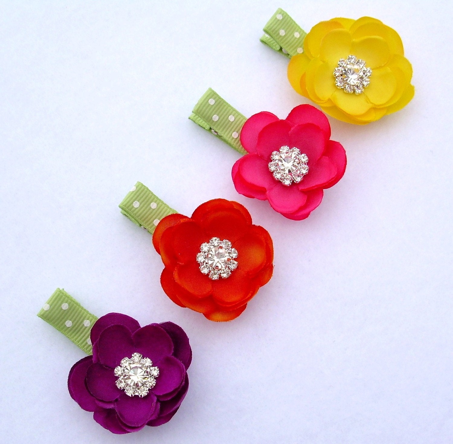 Flower hair Clips... Girls and Baby Flower hair clips... Crysal Flower Hair Clips... Set of 4 ... No slip grip available
