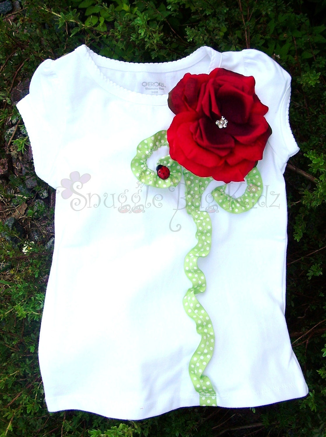 Interchangeable Flower -Swarovski Crystal -Curly Q Stem Lady Bug - White T-shirt...Sz. 12mo- Girls 14/16