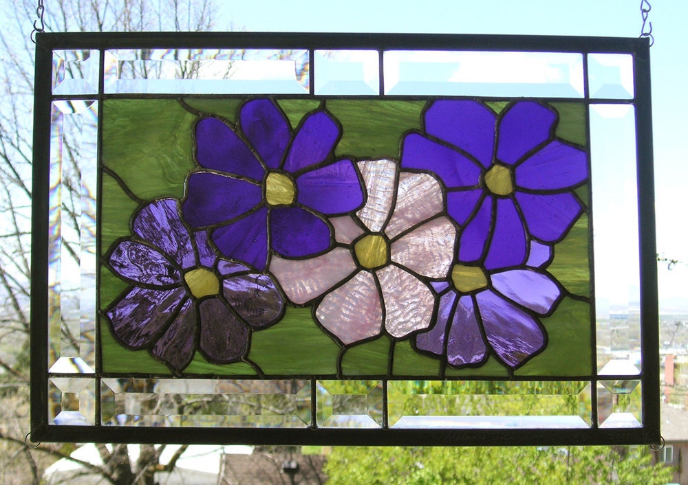 Stained Glass Window Panel--Cosmos Flowers 12" x 18"
