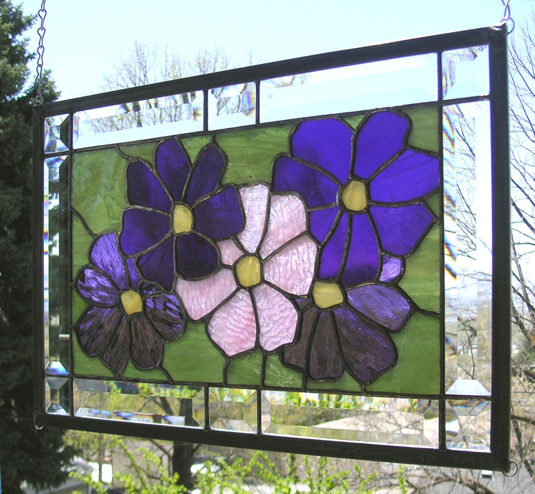 Stained Glass Window Panel--Cosmos Flowers 12" x 18"