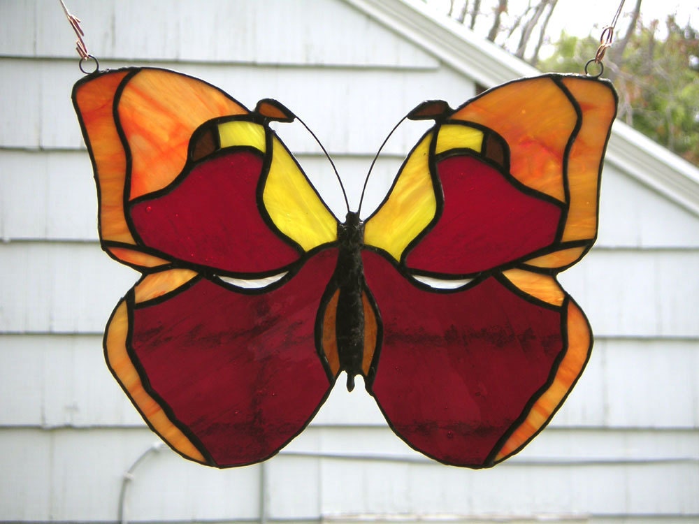 Stained Glass Butterfly - Red Splashed Sulfur - 9.5" x 10"