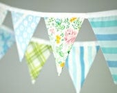 Party Bunting, Pennant Banner - Vintage Fabric - Blue, Aqua, Green